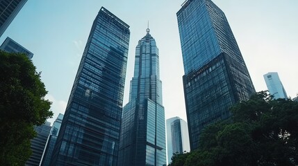 Fototapeta premium A low angle view of modern skyscrapers in a city with a clear blue sky.