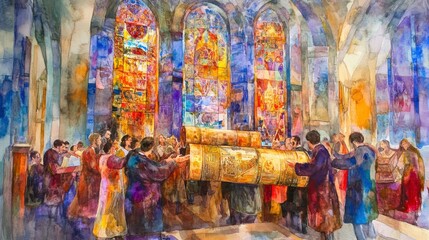 Fototapeta premium Joyful Celebration with Torah Scrolls During Simchat Torah