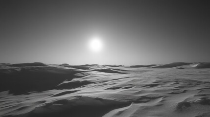 A stark black and white image of a snow-covered Arctic desert under the Midnight Sun, Arctic desert scene, Monochrome style