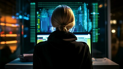 Young adult female cybersecurity expert. With AI code illusminated overlay around her. Working in a data center. Female Computer Engineer. Background with flying patterns. Stock photo. Generate AI.