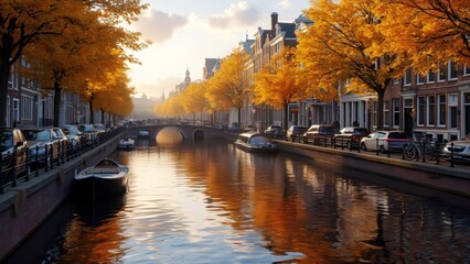 Amsterdam Canals in Autumn: Golden leaves reflecting in the water, landscape view