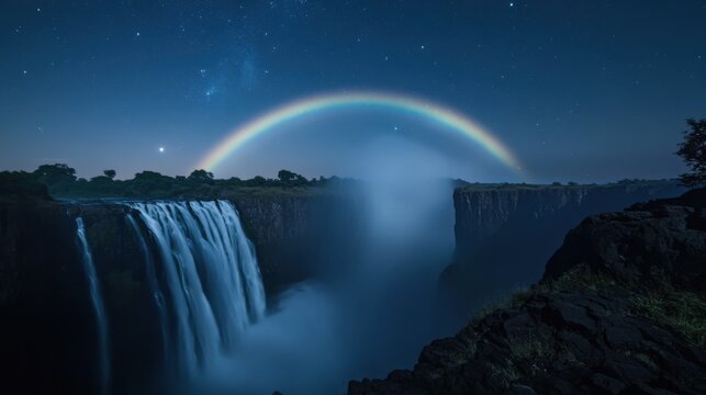 A stunning capture of the rare phenomenon of a moonbow over Victoria Falls, illuminated by the moonlight, Moonbow scene