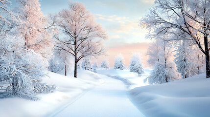 Fototapeta premium Serene winter sunset forest path digital art snowy landscape tranquil view nature's beauty