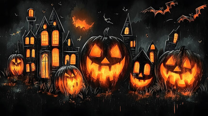 Halloween Illustration with Jack-O-Lanterns and Haunted Houses