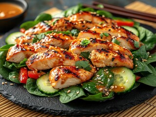 Asian style salad with spinach, shredded carrots, cucumber, red bell pepper, toasted sesame seeds and chicken breast served with peanut sauce on a black slate plate. Healthy food