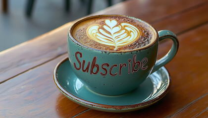 A coffee cup with the word "Subscribe" etched into the froth.  Generative AI.