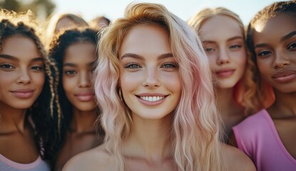 Fototapeta premium Group of diverse women shares joyful laughter, embodying unity through mutual respect, friendship. Their unique appearances reflect strength, harmony found in togetherness.
