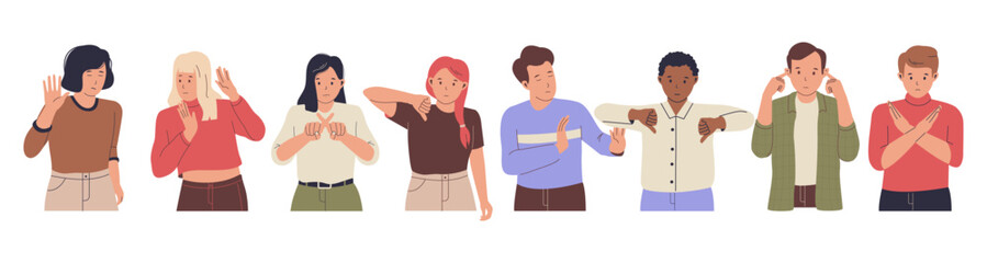 Obraz premium Vector set of people with negative emotions and gestures of stop, rejection, denial. Illustration for websites, landing pages, mobile applications, posters and banners. Trendy flat vector illustration