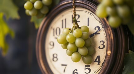 Festive new year's eve celebration in spain featuring the traditional custom of eating 12 grapes at midnight for good luck, with a vibrant background of clock strikes and festive ambiance