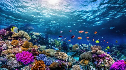 Fototapeta premium A surreal image of a coral reef teeming with colorful fish and marine life under sparkling turquoise waters, Coral reef scene, Surreal style
