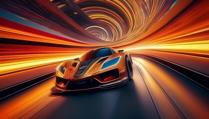 A futuristic racing car breaking the sound barrier from the future running in a track made of light