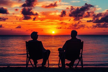 Obraz premium Silhouettes of couple watching sunset. A couple sits on the beach watching the sunset, enjoying a peaceful moment together.
