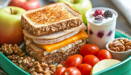 Healthy children's lunchbox with compartments holding fresh berries, cucumber slices, a whole grain sandwich cut into fun shapes, a boiled egg, and a small serving of trail mix