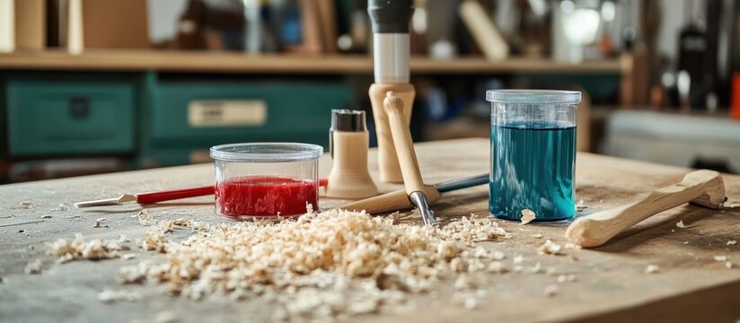 Carpenter's epoxy set with mixing tools, on a workshop table with shavings