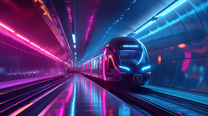 Fototapeta premium Futuristic train and bus in neon-lit underground station. Subterranean. Illustration