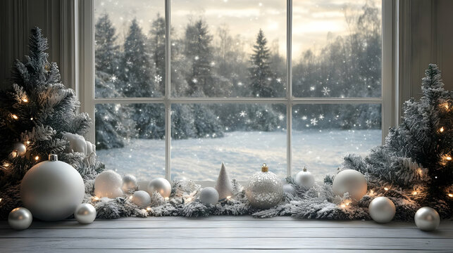 Winter Wonderland Window with Snowy Trees and Ornaments - Background Image