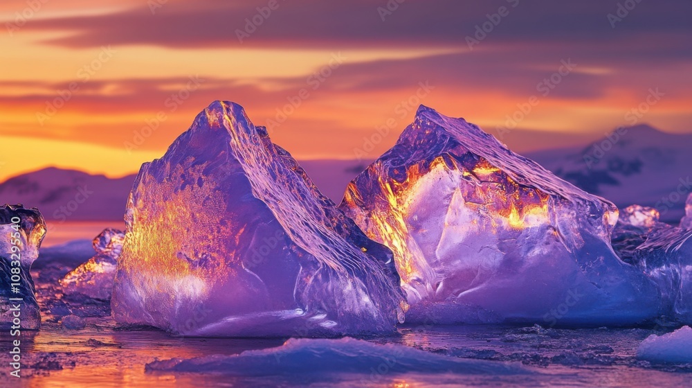 Aufkleber a surreal image of intricate ice formations glowing under the colors of sunset in j枚kuls谩rl贸n glacie