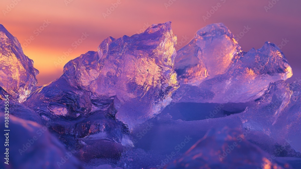 Aufkleber a surreal image of intricate ice formations glowing under the colors of sunset in j枚kuls谩rl贸n glacie