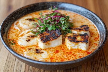 Grilled tofu cubes in spicy coconut curry sauce garnished with fresh herbs served in a textured ceramic bowl highlighting vibrant flavors and creamy textures