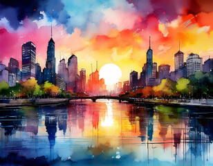 Obraz premium A vibrant cityscape at sunset, with skyscrapers reflecting in a river