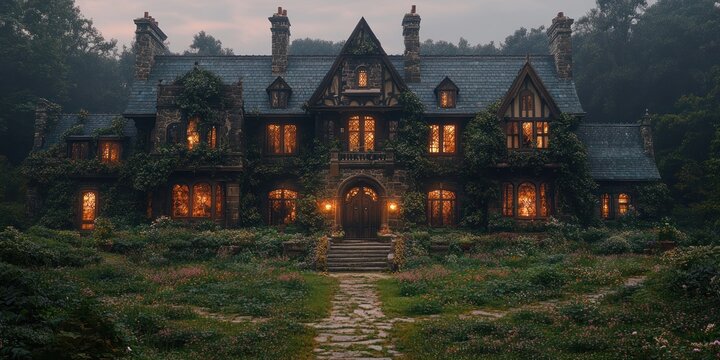 A grand, gothic-style mansion with stone facade and ivy, nestled amongst lush greenery. Warm light glows from the windows.