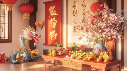Obraz premium Chinese New Year decorations in a cozy living room, including a large, golden dragon hanging across the wall, red lanterns, and festive couplets on either side of the door