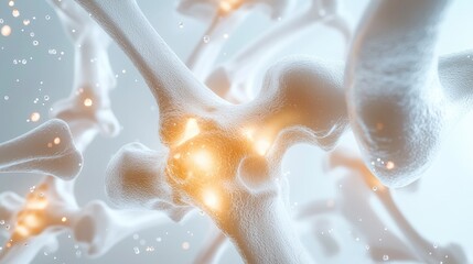 3D rendering of cat joints, glucosamine particles strengthening joint structures, glowing particles protecting cartilage, smooth textures of healthy