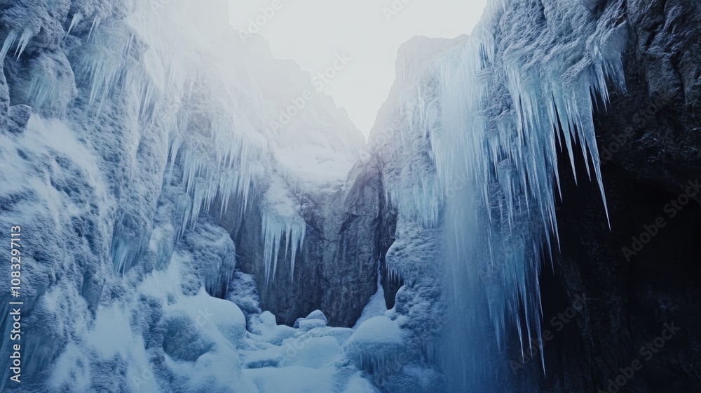 Poster a surreal perspective of a frozen waterfall cascading down a cliff face in a winter wonderland, froz