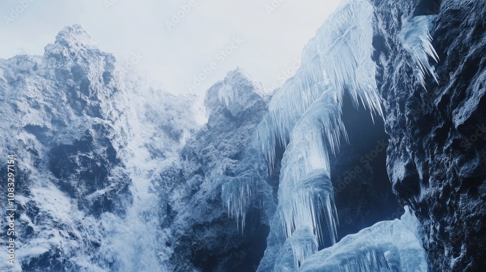 Poster a surreal perspective of a frozen waterfall cascading down a cliff face in a winter wonderland, froz