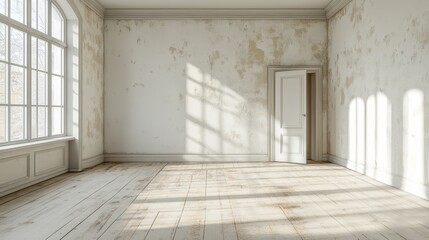 Empty room with a large window and door. Perfect for showcasing furniture or design projects.