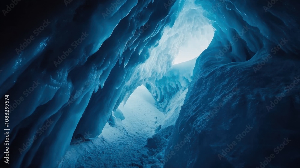 Poster a surreal perspective of a massive ice cave bathed in the ethereal glow of arctic twilight, arctic i