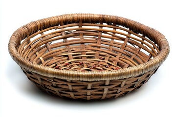 Empty woven bamboo basket with intricate craftsmanship styled with natural accents on a white background for a clean and rustic presentation