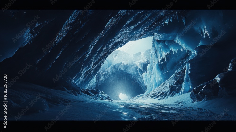 Poster a surreal perspective of a massive ice cave illuminated by the ethereal glow of arctic midnight, arc
