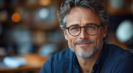 Fototapeta premium Portrait of a smiling middle-aged man with grey hair and a beard wearing glasses.