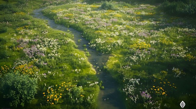 44. A sweeping aerial shot of a vast, green meadow with wildflowers and a small winding stream