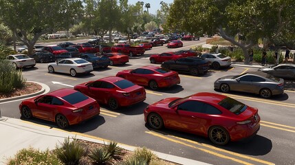 A busy parking lot filled with various cars, primarily red, under a sunny sky.