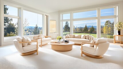 Fototapeta premium Elegant living room with large windows, natural light, cozy furniture, and a warm, welcoming decor setup