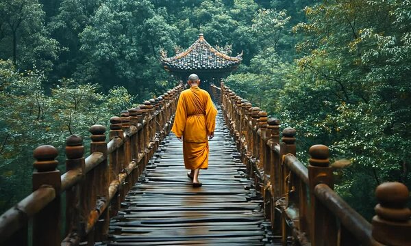 A monk walks across a wooden bridge surrounded by lush greenery.