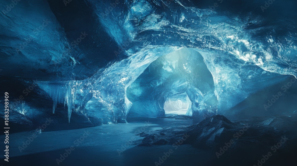 Poster a surreal perspective of a towering ice cave bathed in the ethereal glow of arctic twilight, arctic 