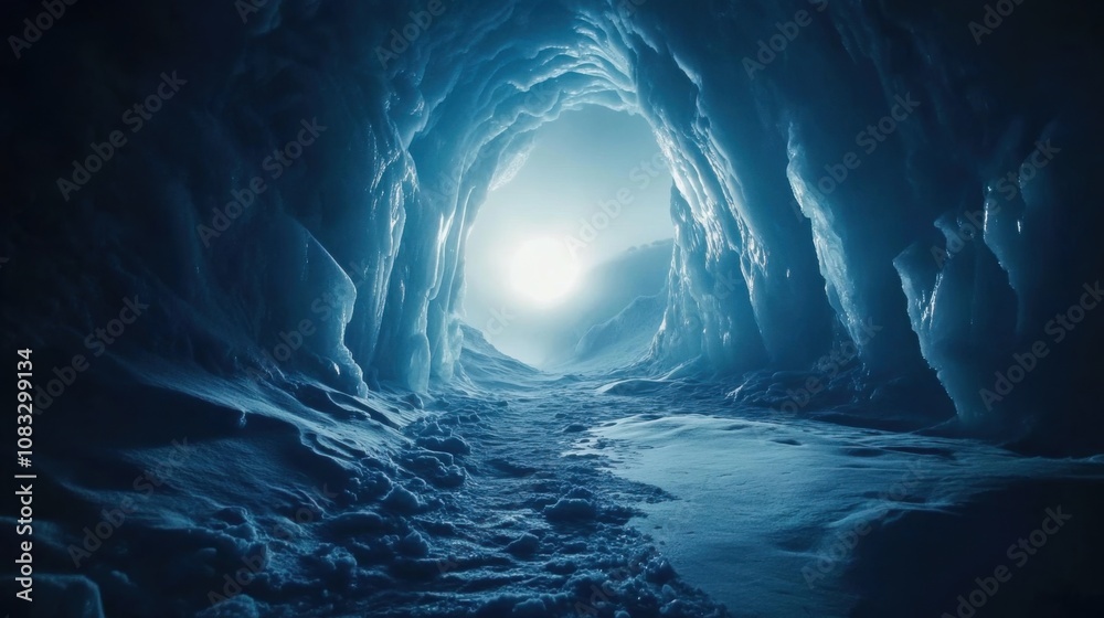 Poster a surreal perspective of a towering ice cave illuminated by the ethereal glow of arctic twilight, ar