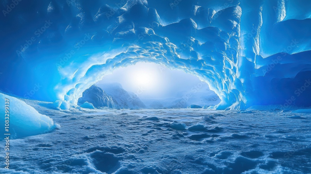 Poster a surreal perspective of a towering ice cave illuminated by the ethereal glow of arctic twilight, ar