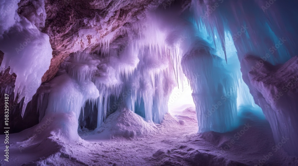 Poster a surreal perspective of a towering ice cave illuminated by the soft glow of antarctic twilight, ant