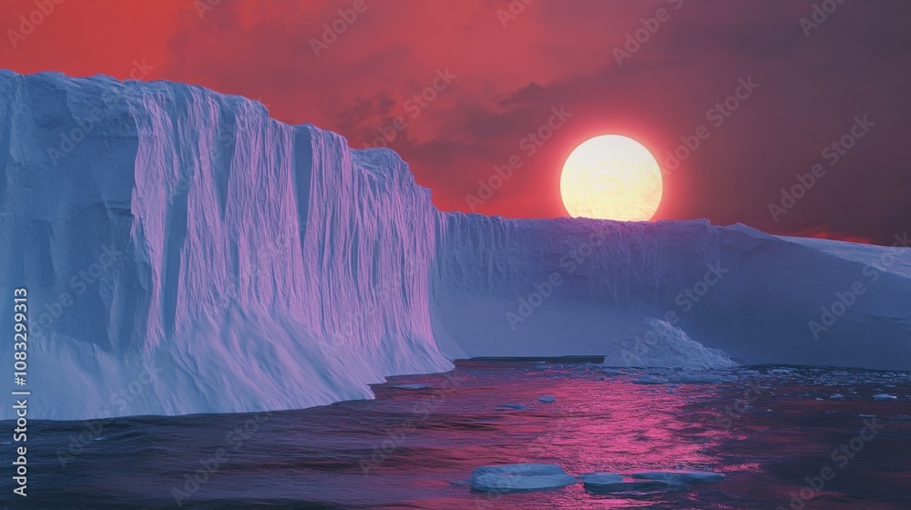Poster a surreal perspective of a towering ice cliff illuminated by the soft glow of the antarctic midnight