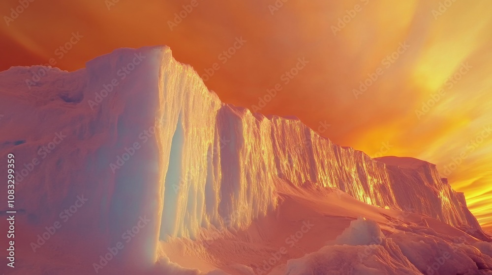 Poster a surreal perspective of a towering ice cliff illuminated by the soft glow of the antarctic midnight