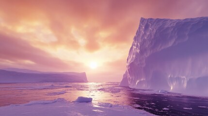 A surreal perspective of a towering iceberg drifting under the ethereal glow of the Antarctic midnight sun, Antarctic iceberg scene, Surreal style