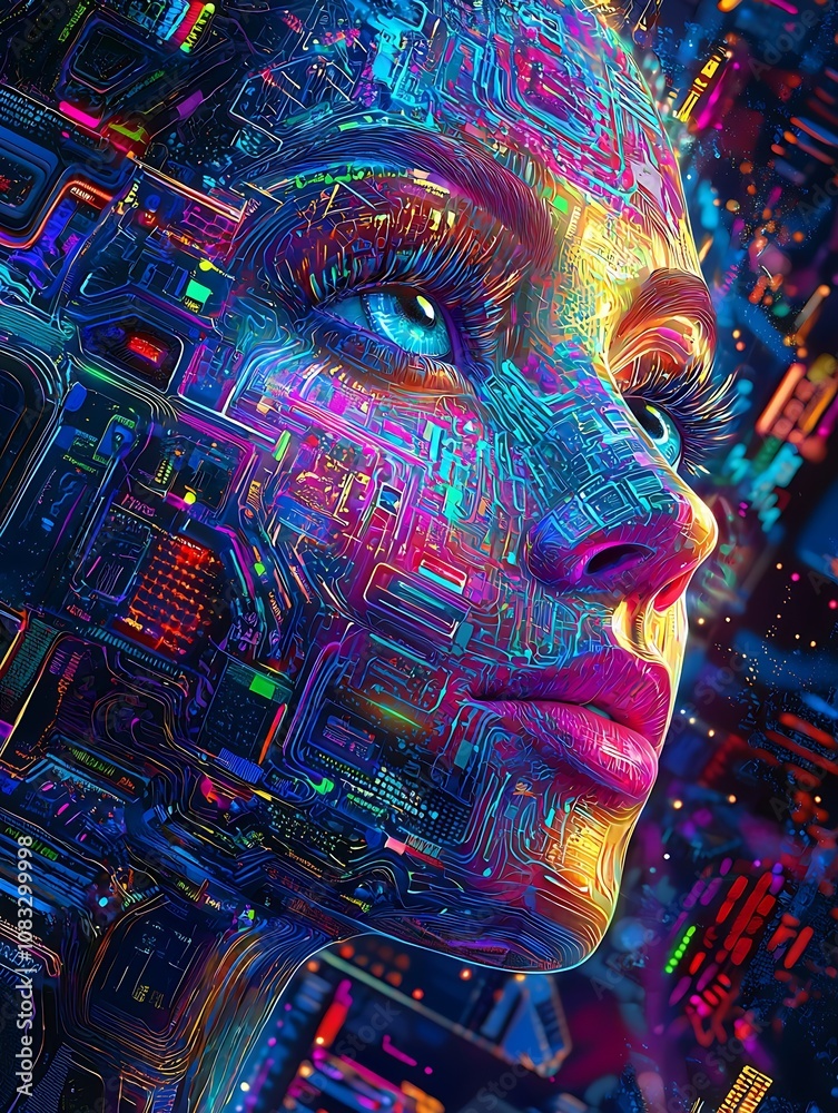 Poster digital portrait of a woman with futuristic circuitry design : generative ai