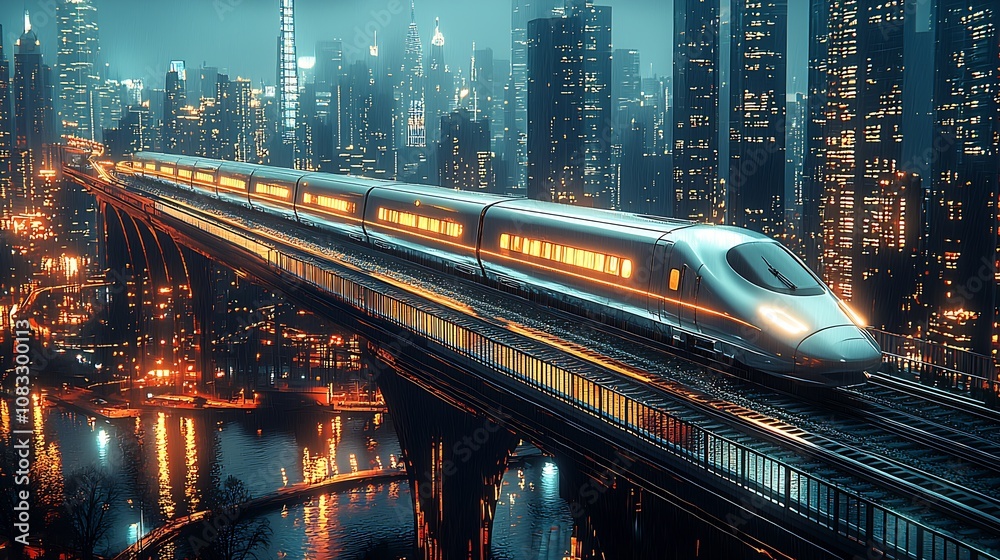 Poster futuristic high-speed train crossing illuminated urban bridge with skyline view at night : generativ