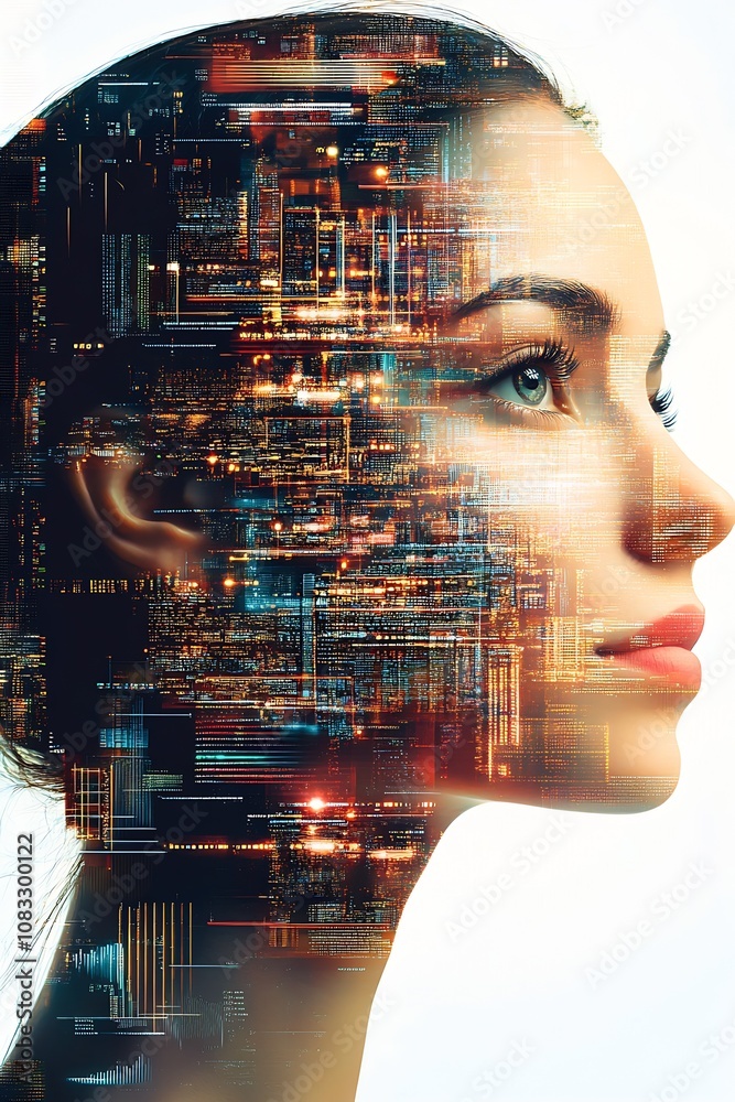 Aufkleber futuristic woman with digital interface and circuit design overlay : generative ai
