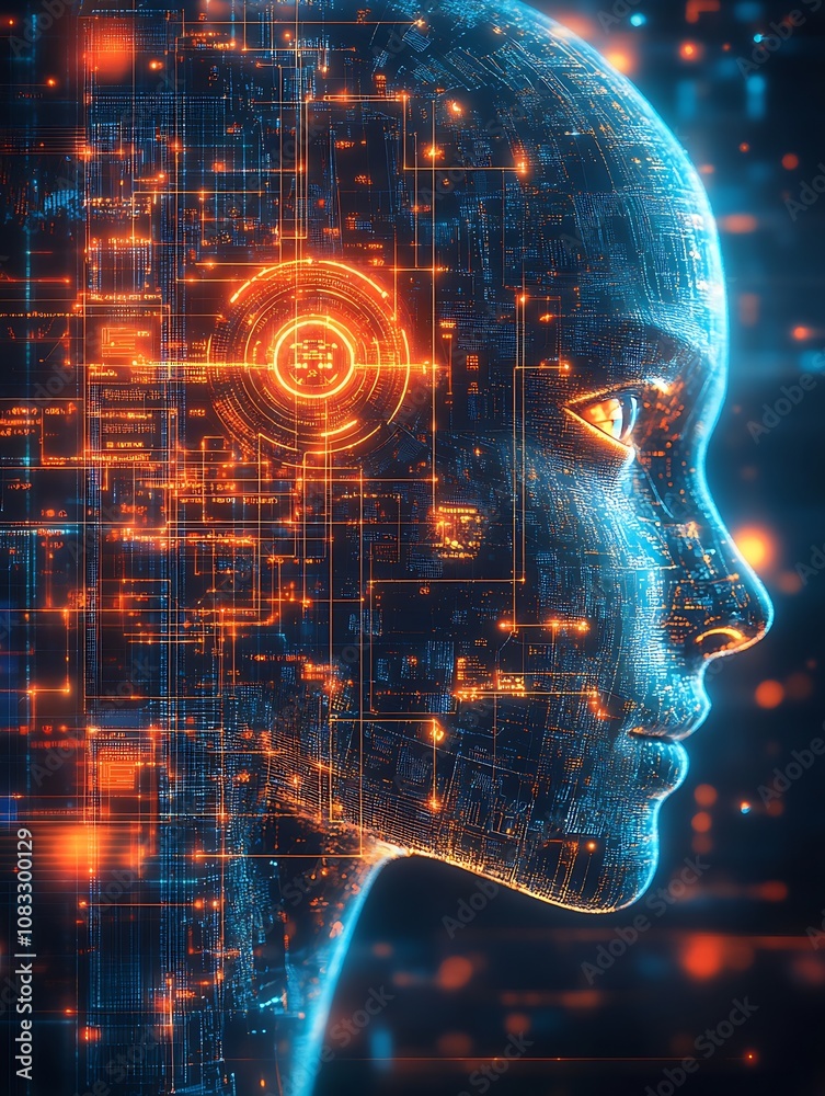 Aufkleber Digital Face of Artificial Intelligence with Futuristic Circuitry and Glowing Elements : Generative AI