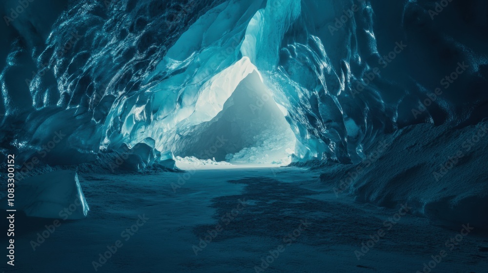 Poster a surreal perspective of an ice cave illuminated by natural light filtering through glacier walls, i